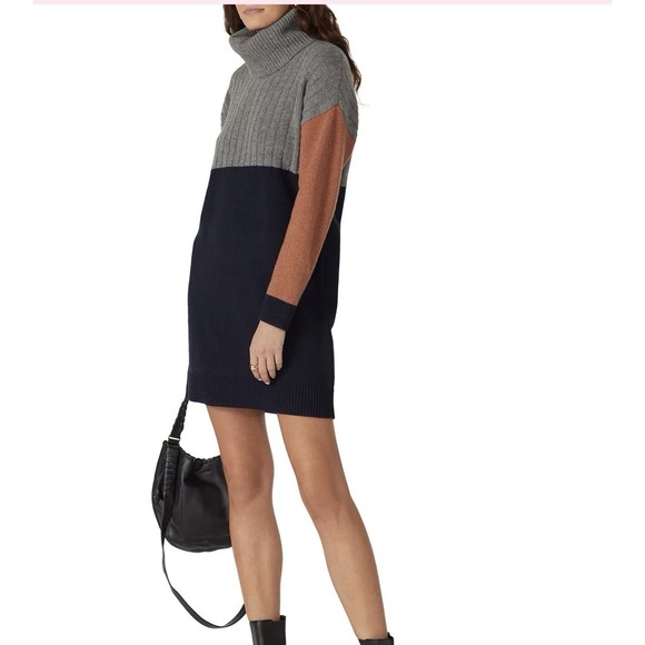 MADEWELL Colorblock Sweater Dress Turtleneck Work Medium Gray Navy Tan Merino - Picture 3 of 11